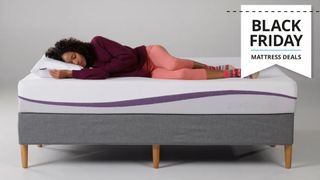 A woman lying on a Purple Mattress with a Black Friday label on it