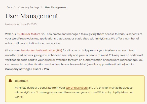 An image of Kinsta's documentation describing how to manage users