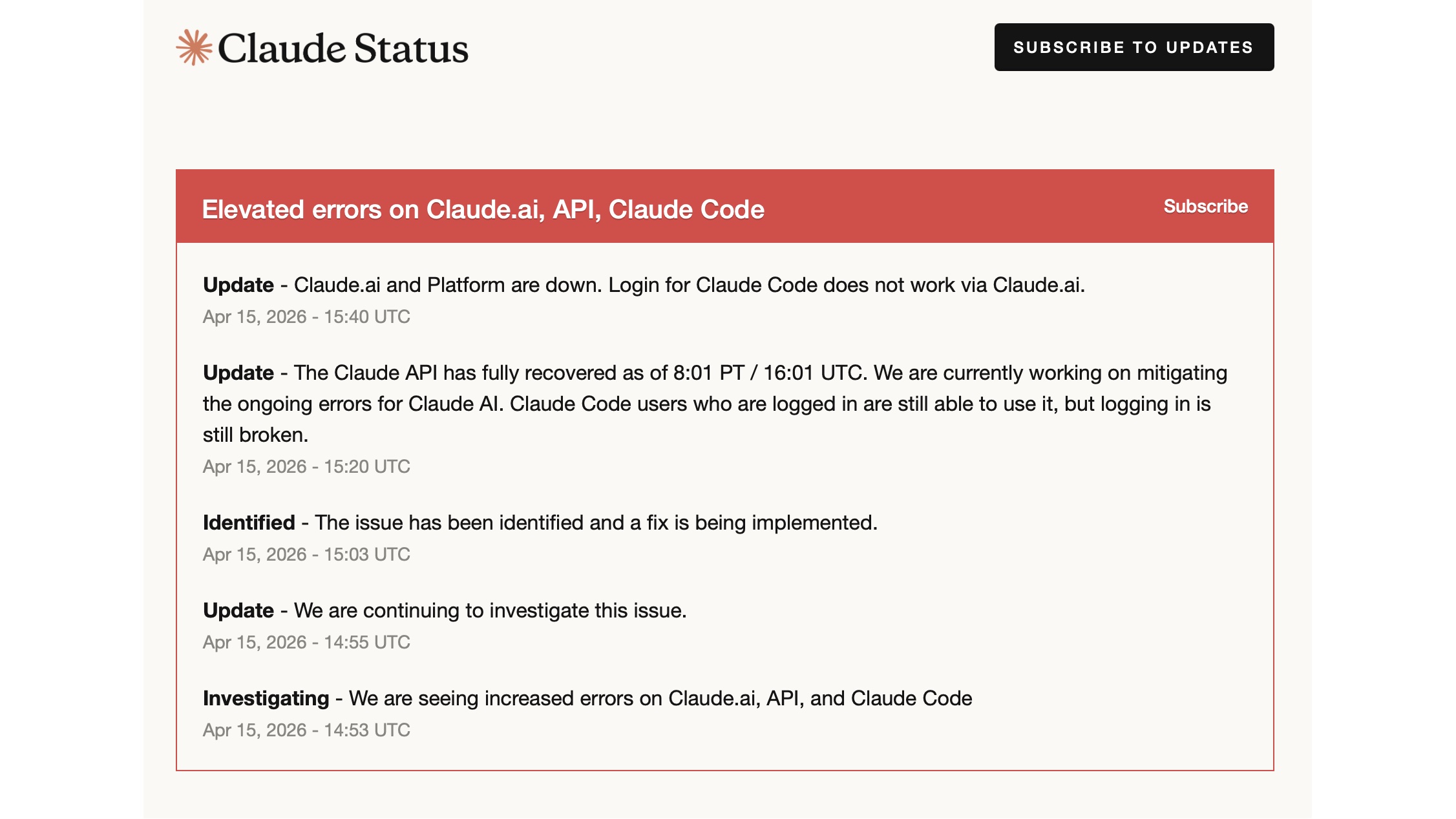 Claude outage April 15 2026