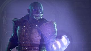 A dwarf character in Baldur's Gate 3, created with the Duergar subrace. The dwarf is preparing a spell in their left hand, which is glowing with a purple light.