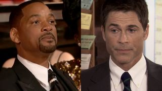 Will Smith in suit and tie at the Oscars, post slap, Rob Lowe in shirt in tie during his first appearance in season 2 of Parks and Recreation.