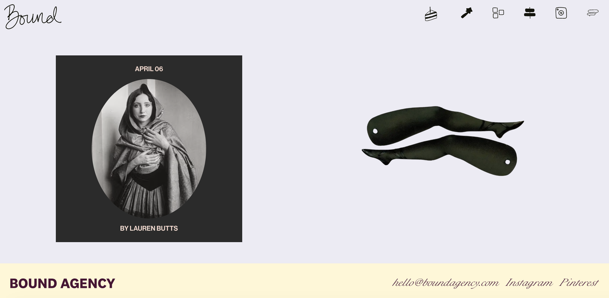 Website da Bound Agency exibindo um retrato oval em preto e branco de uma mulher em xale de capuz, datado de 06 de abril e assinado por Lauren Butts, ao lado de pernas de paper-doll em meias pretas.