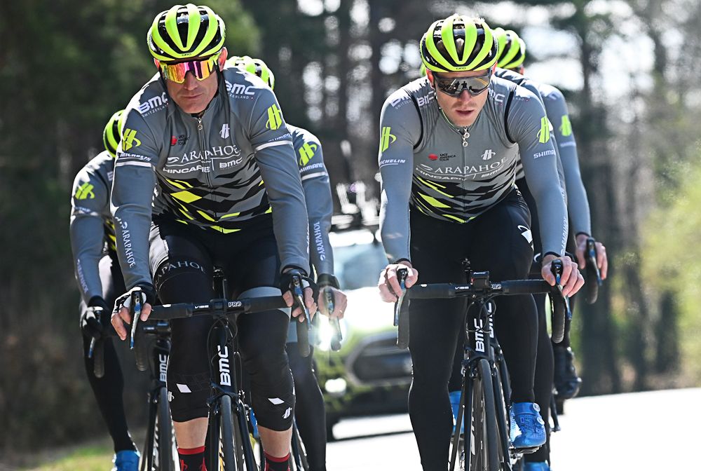 George Hincapie and Tanner Putt on the front at the Arapahoe-Hincapie p/b BMC training camp