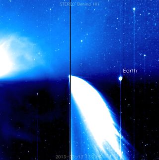 A still from STEREO spacecraft's Behind's HI1 instrument showing Comet Pan-STARRS and a coronal mass ejection (CME). Image taken on March 18, 2013.
