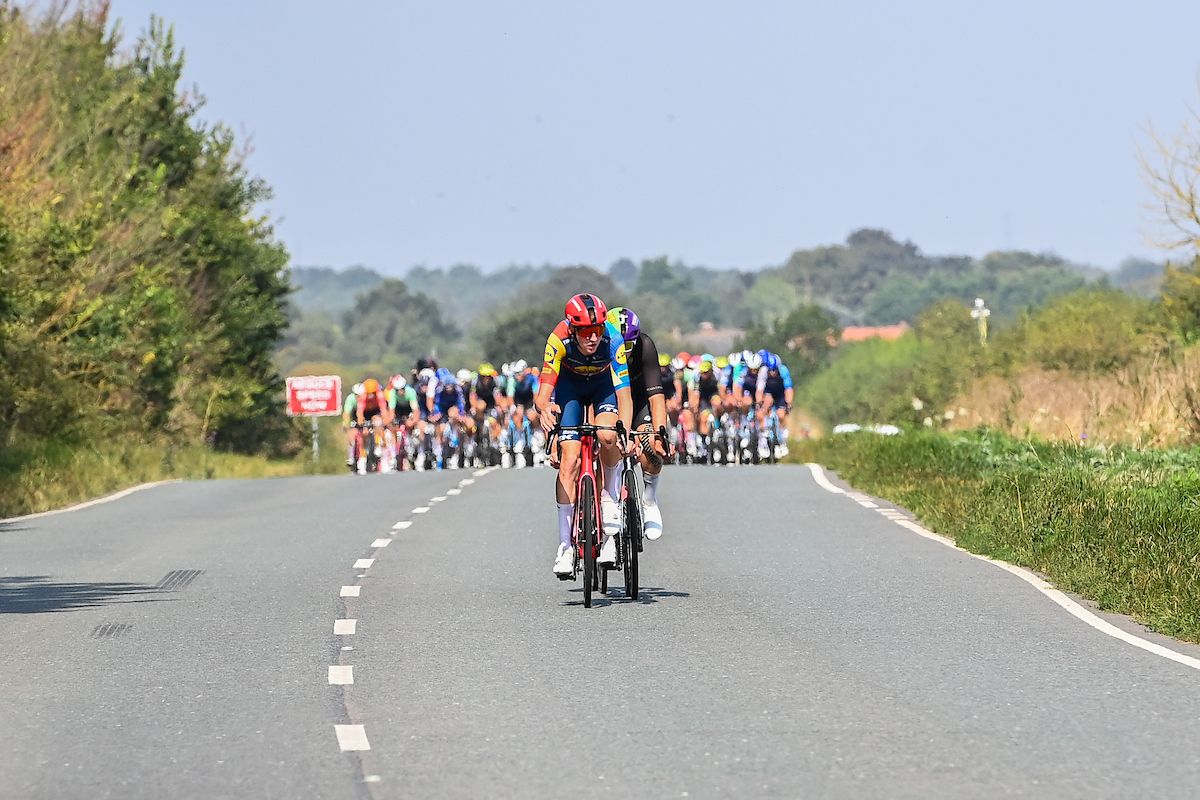 Picture by Simon Wilkinson/SWpix.com - 06/09/2024 - Lloyds Bank Tour of Britain 2024 - Stage 4: Derby to Newark-On-Trent, England - Rowan Baker (Saint Piran), Liam O'Brien (Lidl-Trek Future Racing) in the breakaway