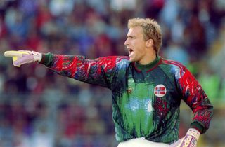 Erik Thorstvedt in action for Norway against England in 1993.