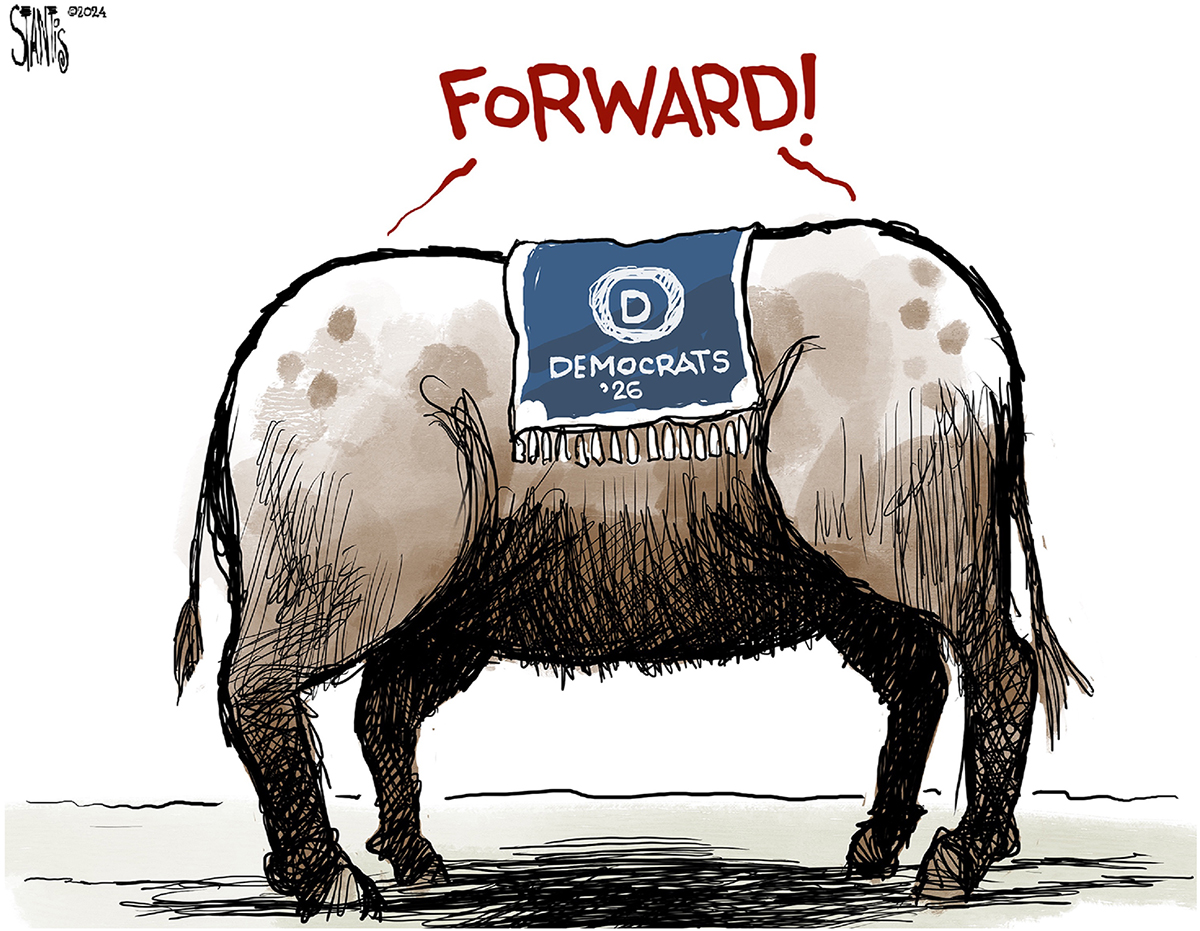 This cartoon shows a donkey with two rear ends and no head. It’s labeled “Democrats ‘26” and the two sides of the donkey say, “Forward!”