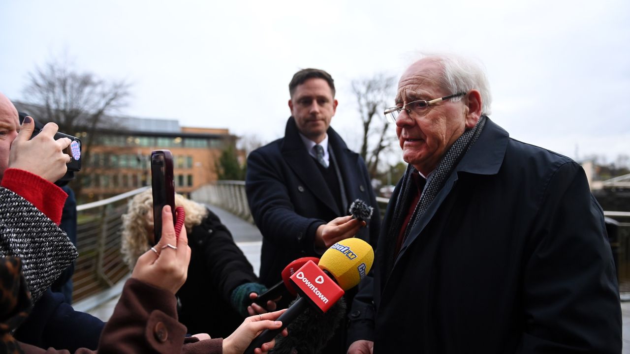 Michael Gallagher arrives at the public inquiry into Omagh bombing at the Strule Arts Centre in County Tyrone