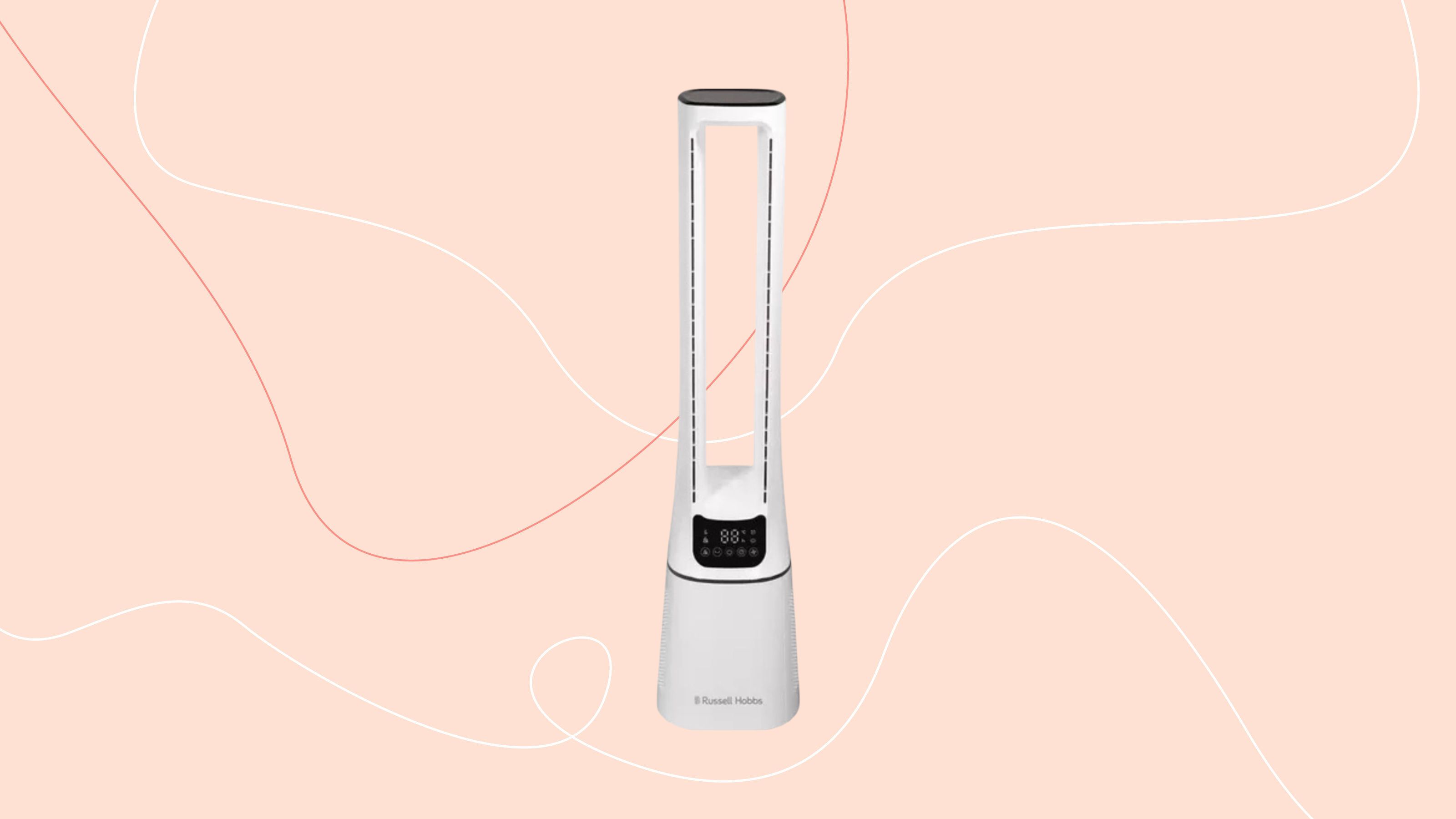 Russell Hobbs RHBLDL12 Bladeless Tower Fan on a pink background