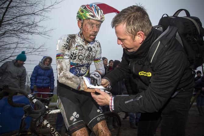 Sven Nys has his wrist iced after hurting it in a crash in Essen
