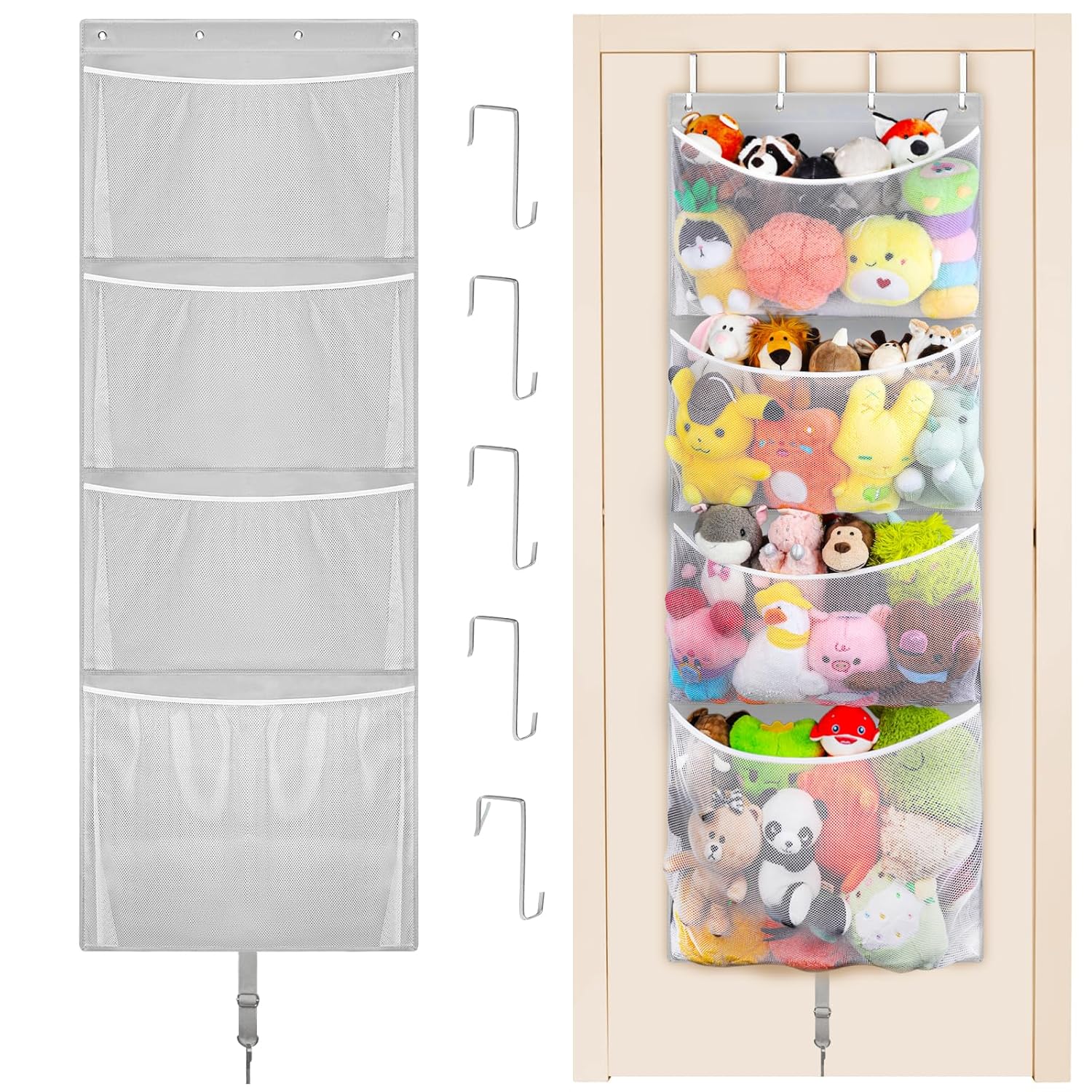 Woodoulogy Hanging Stuffed Animal Storage, Over Door Large Plush Toy Organizer With Metal Hook, Baby Accessory Holder Idea for Nursery, Doll &amp;amp; Bear Mesh Hammock Bag for Girl Boy Kid Room