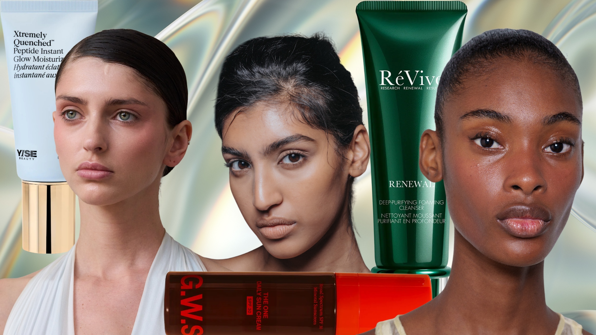 collage of models with clear skin next to skincare products like cleanser, moisturizer and a sunscreen
