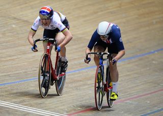 Jennifer Valente (USA) and Katie Archibald (Great Britain) compete during the Womens Omnium