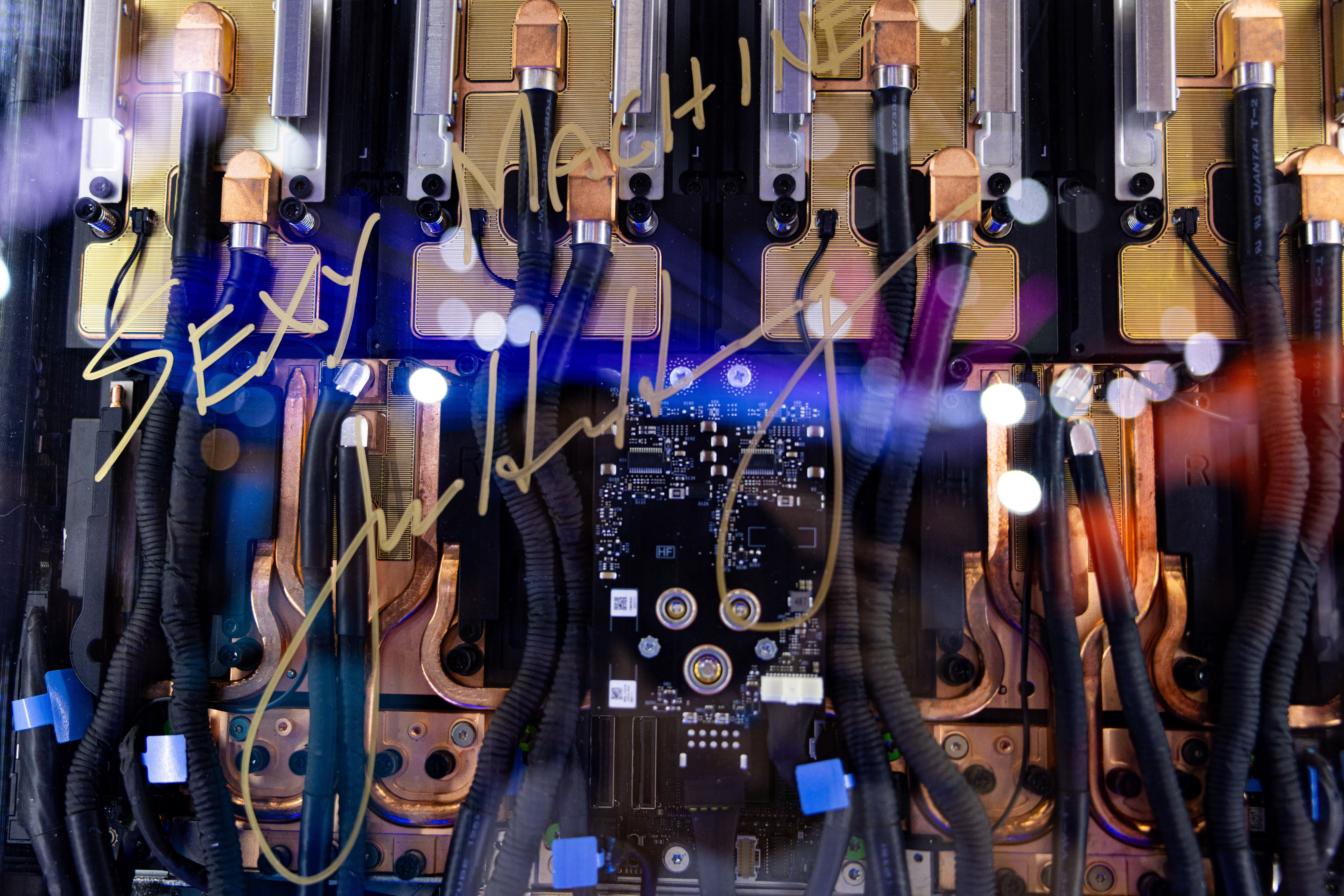 The autograph of Jensen Huang, co-founder and chief executive officer of Nvidia Corp., on Nvidia's GB300 NVL72 GPU at the Foxconn Technology Co. booth.
