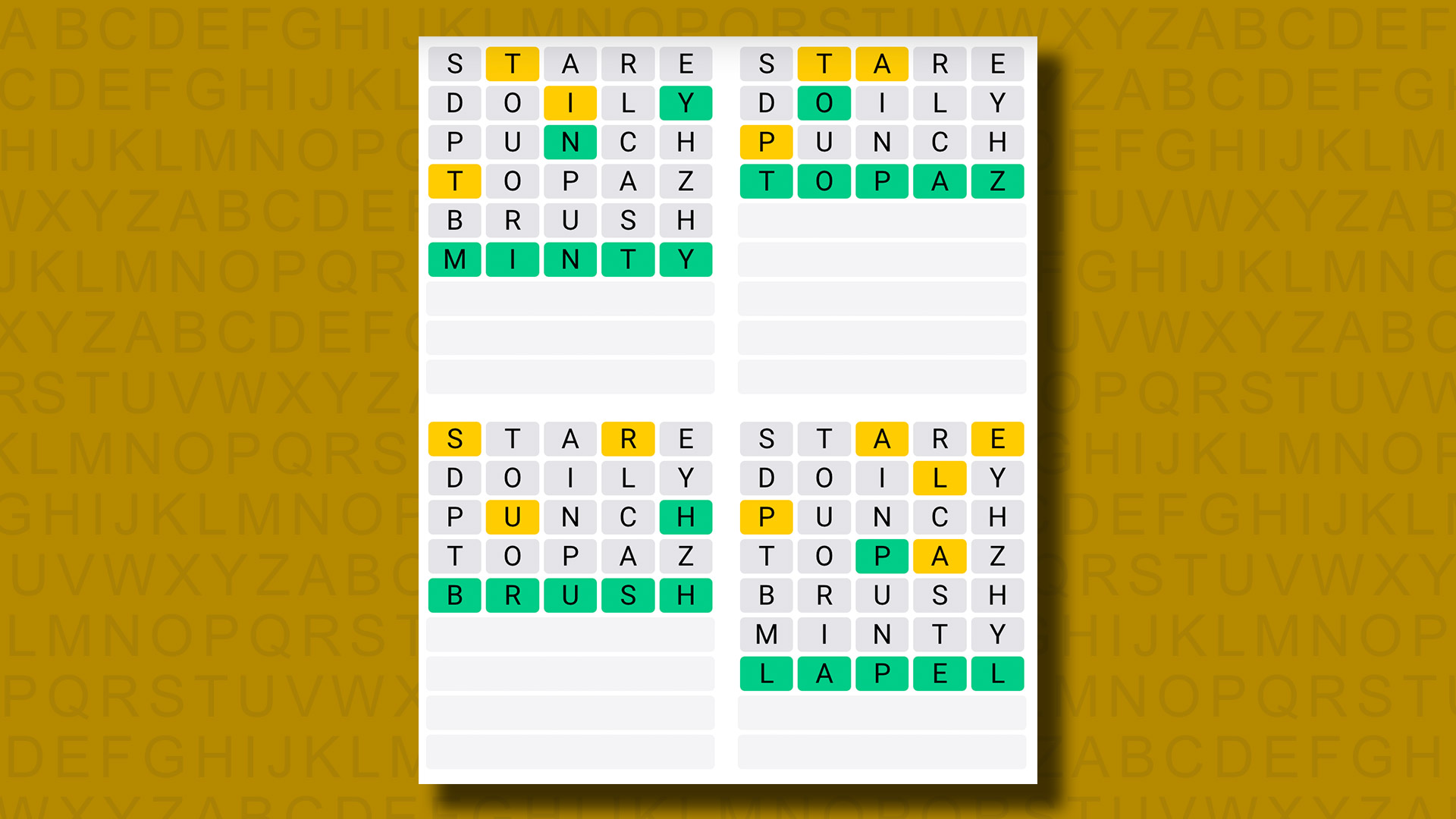 Quordle answers for game 1031 on a yellow background