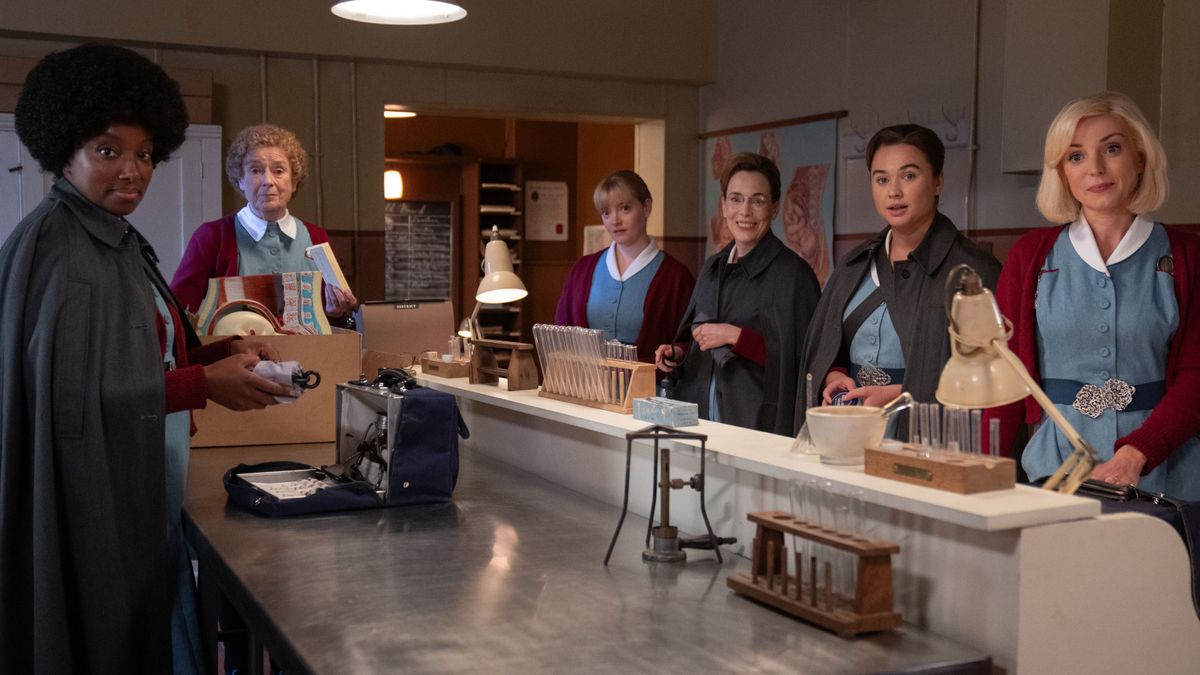 Call the Midwife season 14 will see Joyce Highland (RENEE BAILEY) Nurse Crane (LINDA BASSETT) Rosalind Clifford (NATALIE QUARRY) Shelagh Turner (LAURA MAIN) Nancy Corrigan (MEGAN CUSACK) and Trixie Aylward (HELEN GEORGE) return