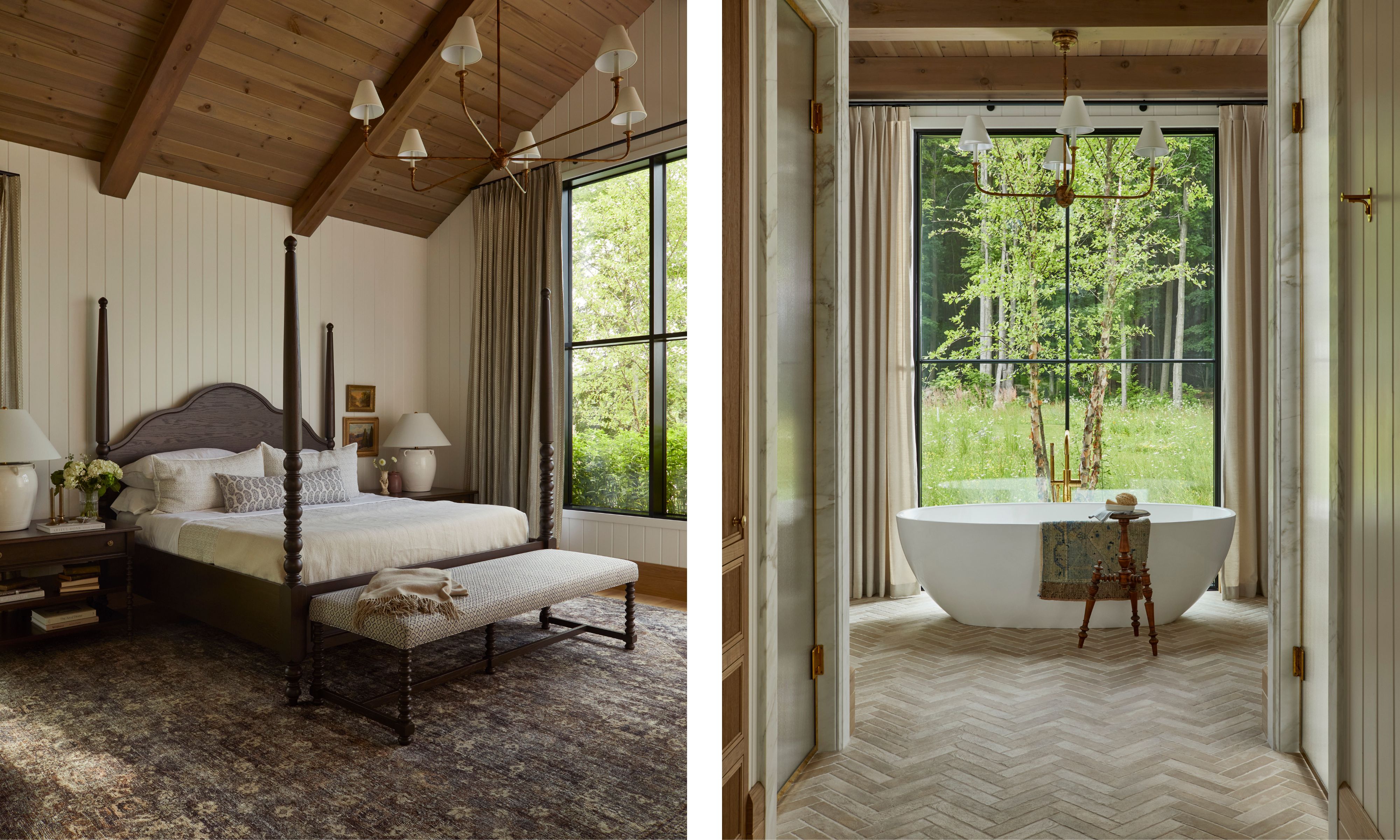 Left: A bedroom featuring a dark wood four-poster bed, a vintage-style area rug, and a large window showcasing the forest view. Right: A minimalist white soaking tub positioned in front of a large window, looking out into a private wooded landscape.