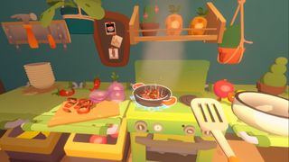 Fruitbus screenshot showing a stove where the player character is frying up vegetables in a pan