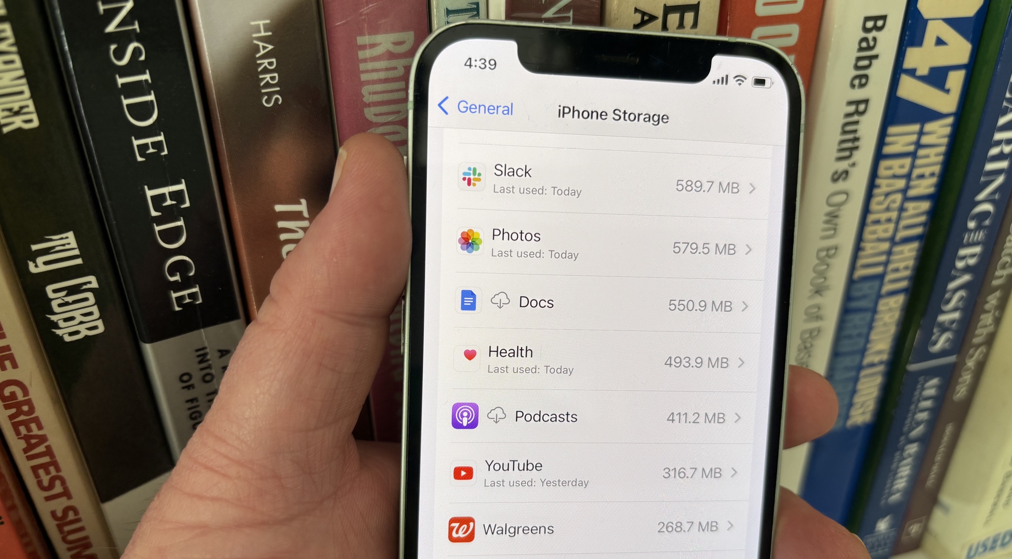 a listing of installed apps on an iphone and how much storage they take up