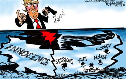 Political cartoon U.S. Trump sinking ship innocence Sessions Yates Comey McCabe Strzok