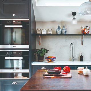 A modern kitchen with a double built-in oven
