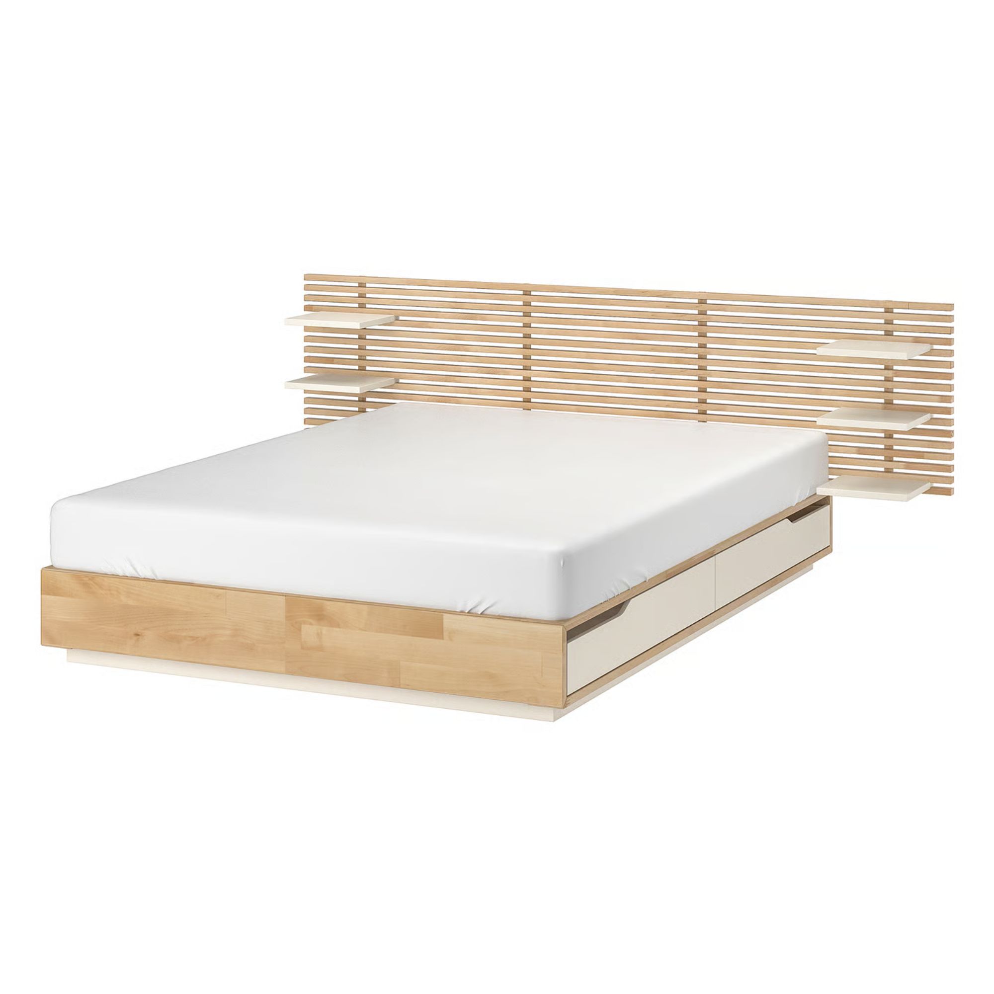 Wooden IKEA Mandal bedframe with a white mattress.