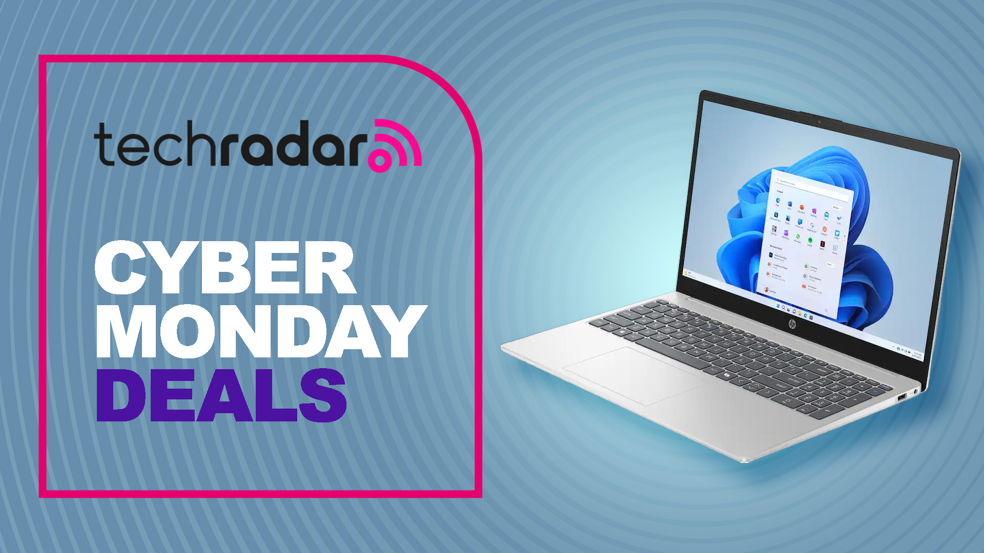 An HP 15.6-inch laptop against a blue TechRadar Cyber Monday deals background