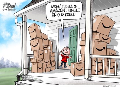 Editorial cartoon U.S. Amazon jungle packages porch holiday season