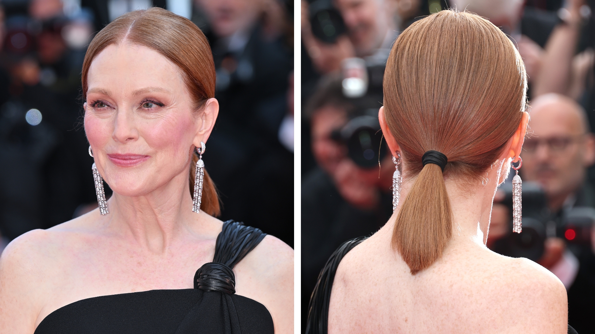 On the left, is a picture of Julianne Moore with a low ponytail and wearing a one-shoulder black dress at the "The Phoenician Scheme" red carpet at the 78th annual Cannes Film Festival at Palais des Festivals on May 18, 2025 in Cannes, France. On the right is a picture from the same event, but this time, showing the back of Julianne Moore's head - giving a clear view of her low ponytail hairstyle.