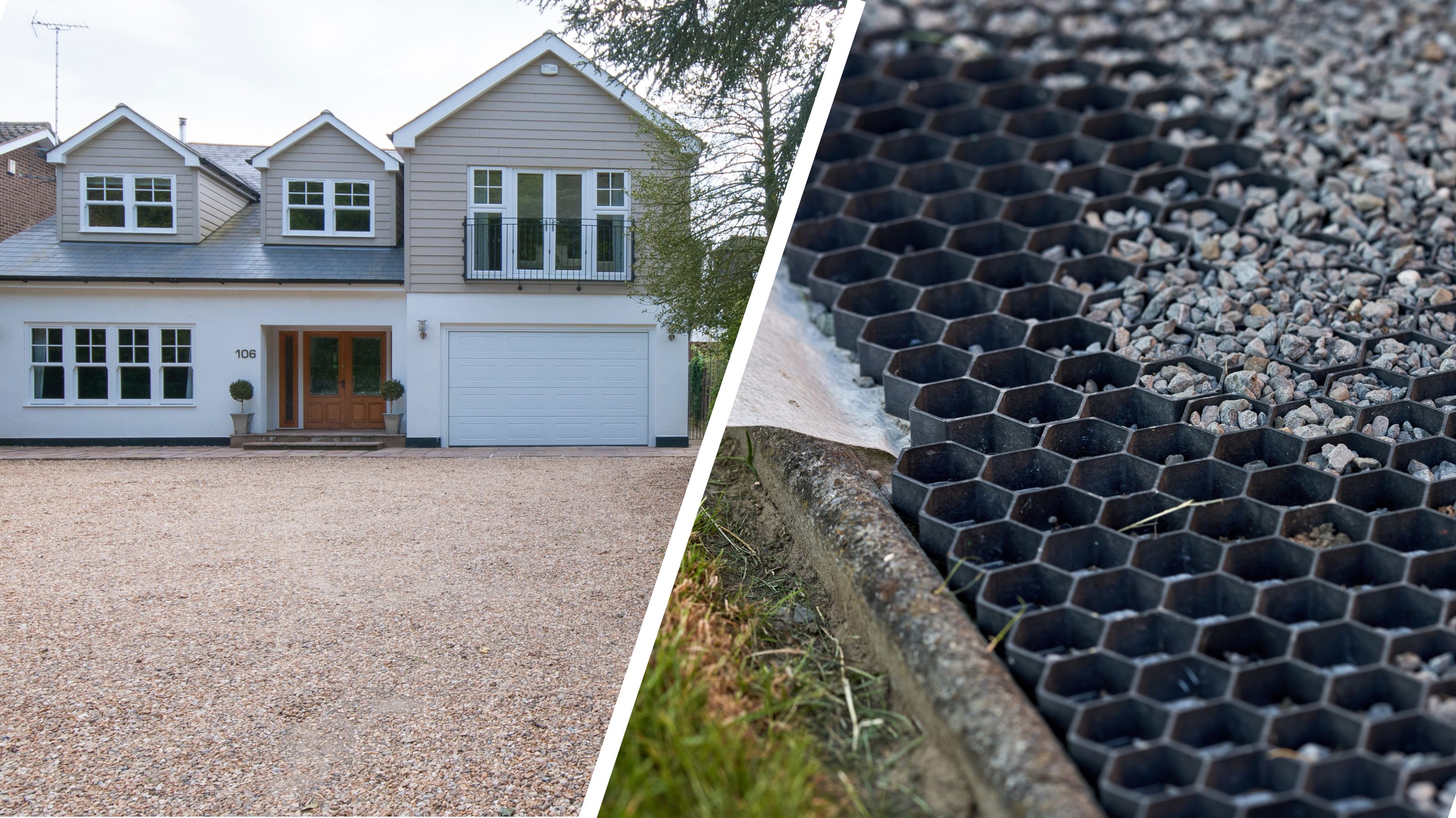 Spliced image showing a house with a neat gravel driveway and a close up of a gravel grid system during installation