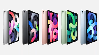 iPad Air 2022 visas upp i fem olika färgvarianter i vitt, svart, rosa, grönt och blått sett från vänster.