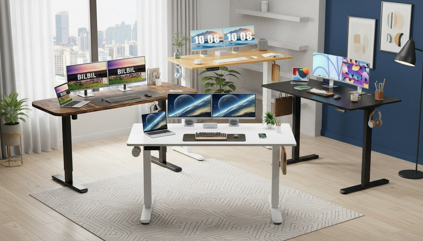 Four standing desks loaded with monitors, keyboards, and laptops in a bright home office environment