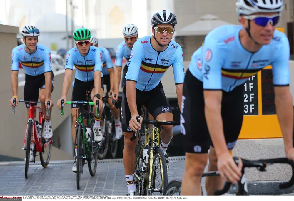 Greg van Avermaet leaves the underground garage