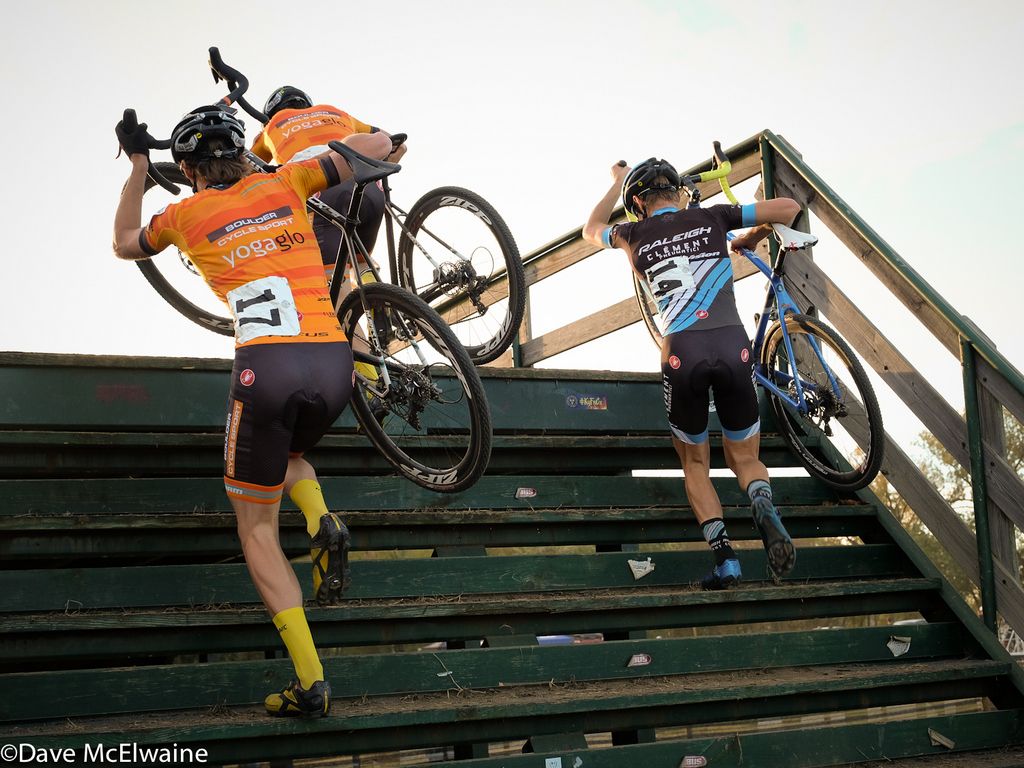 Grant Ellwood (Boulder Cycle Sport) and Lance Haidat (Raleigh Clement) climbing over &ldquo;The Green Monster) flyover