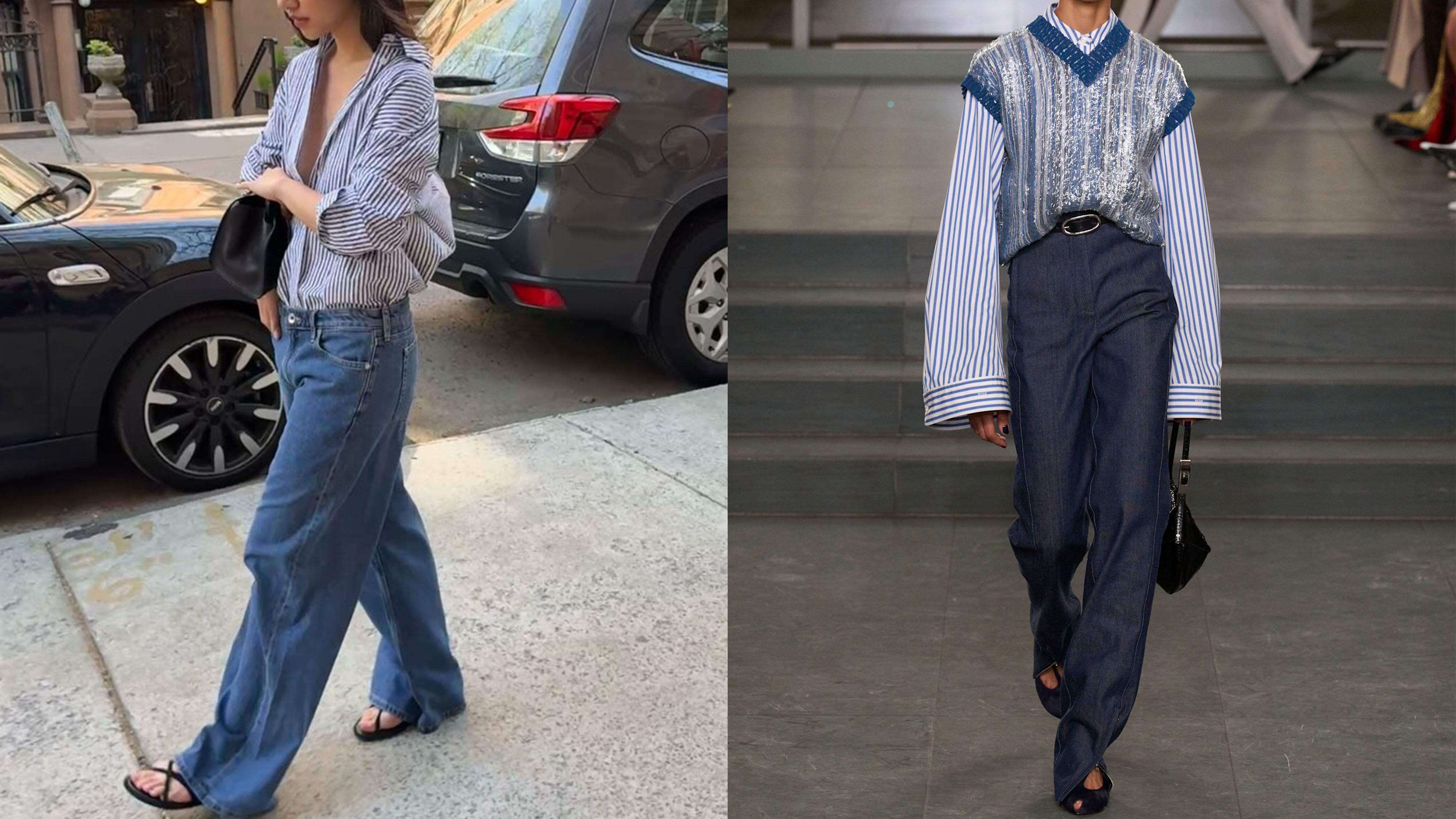 Woman in wide-leg jeans and button-down; woman on the Tory Burch runway in tapered jeans, a shirt, and sweater.
