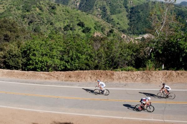 Riders pass each other with one on the way up and a couple finished