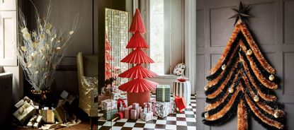 Three examples of alternative Christmas tree ideas. Twig tree with gold decorations, red paper tree, tinsel tree.