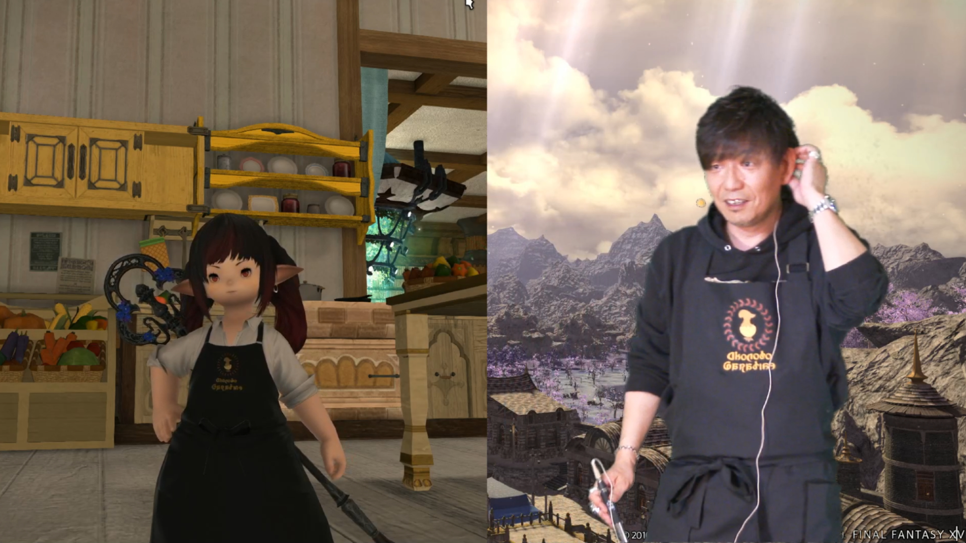 Naoki Yoshida and his lalafell character in matching aprons