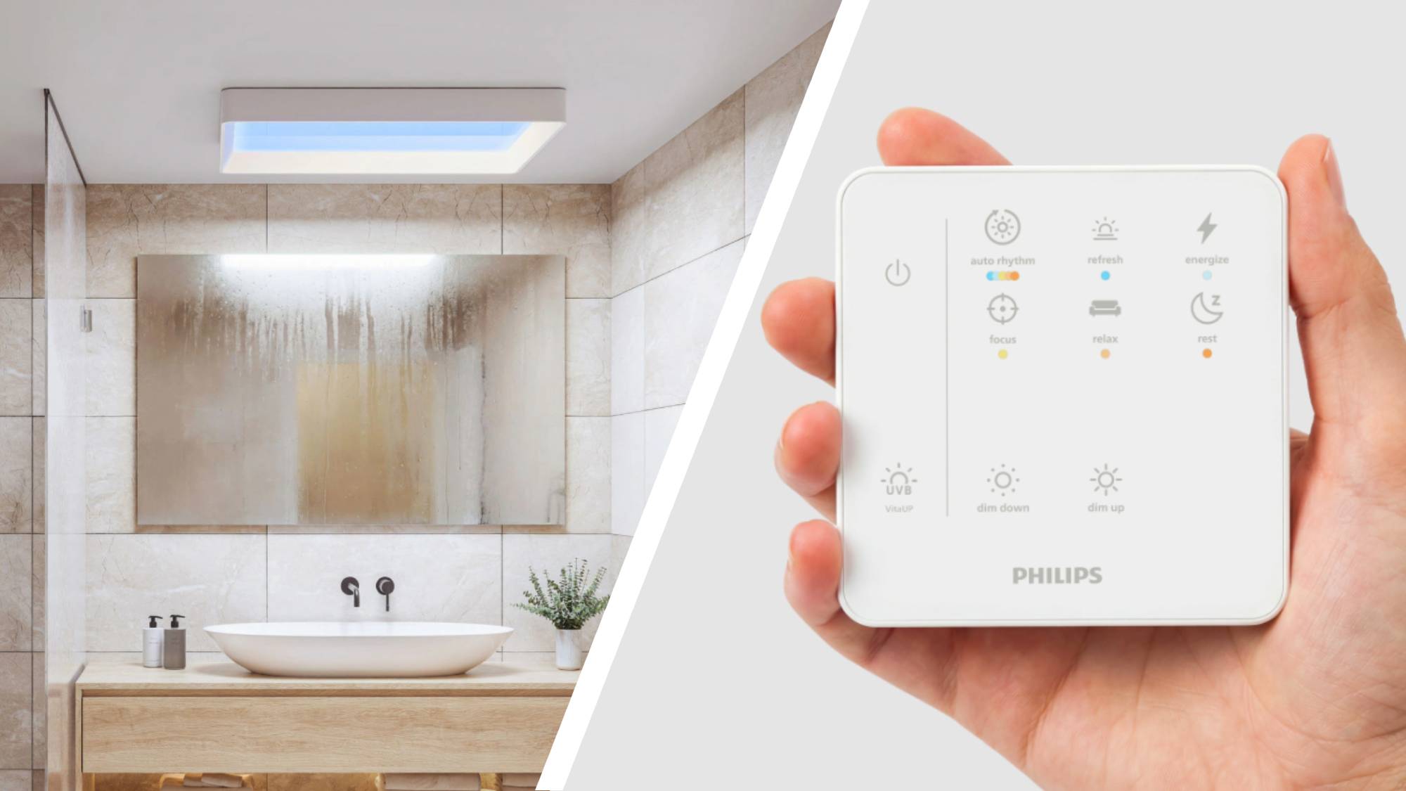 The Philips Skylight mounted to a bathroom ceiling next to a close up of its accompanying remote control