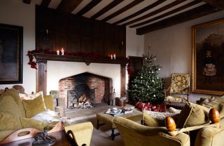 Crows Hall living room christmas with tree and fire