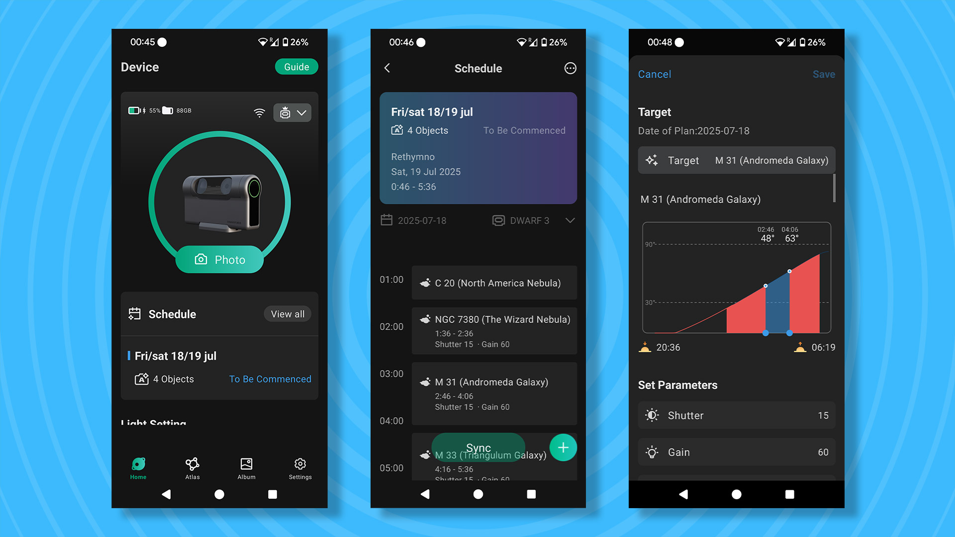 Three screenshots from the Dwarf III&#039;s app showing various stages of the scheduling process