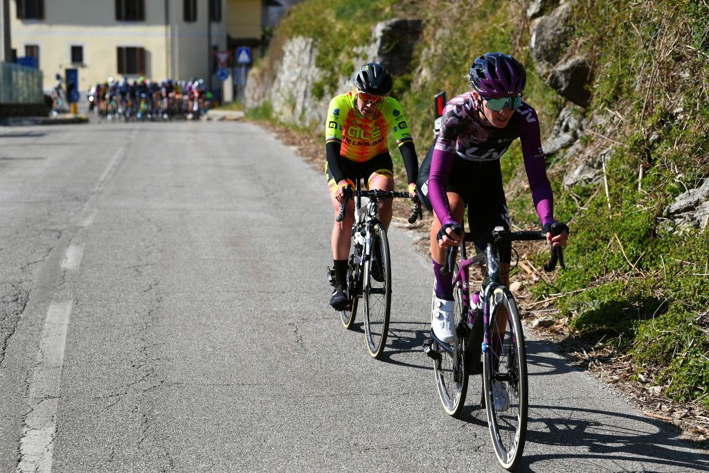 CITTIGLIO ITALY MARCH 21 Pauliena Rooijakkers of Netherlands and Team Liv Racing Tatiana Guderzo of Italy and Team Ale Btc Ljubljana during the 45th Trofeo Alfredo BindaComune di Cittiglio 2021 Womens Elite a 1418km stage from Cocquio Trevisago to Cittiglio 257m Breakaway TrBinda UCIWWT on March 21 2021 in Cittiglio Italy Photo by Tim de WaeleGetty Images