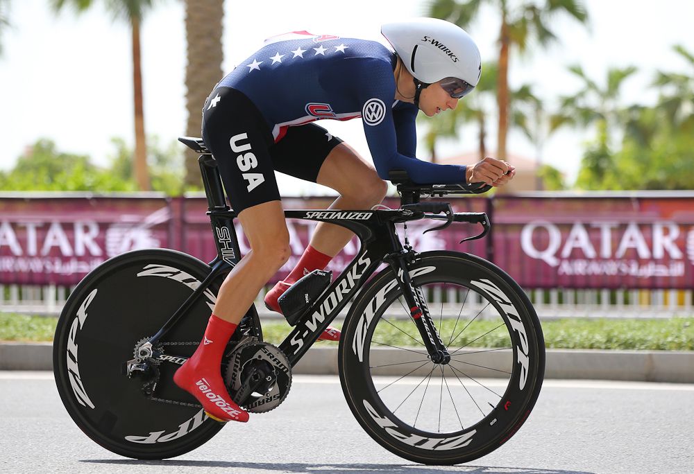 Nielson Powless competes in the U23 men's time trial at the Doha Worlds