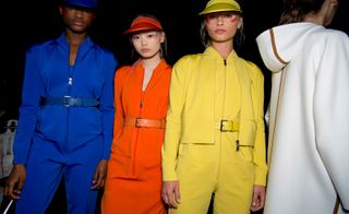 Stylish bright pops of color dress worn by Max Mara model at the fashion show 2017