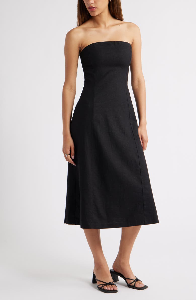Strapless Linen Blend Midi Dress