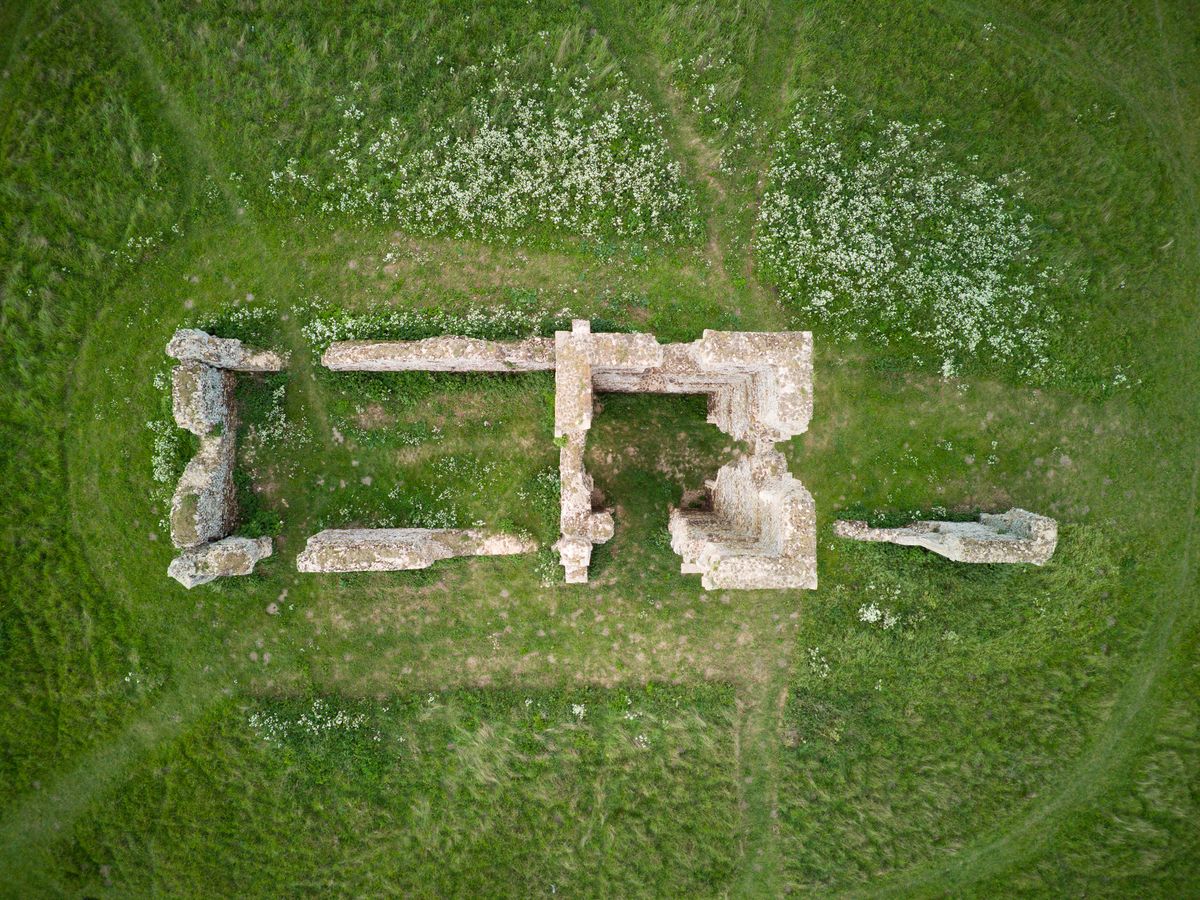 An aerial view of some old building foundations
