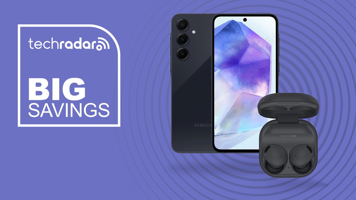 Samsung Galaxy A55 and Galaxy Buds2 Pro on purple deals page