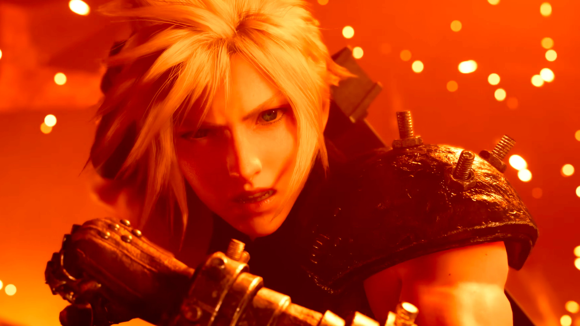 A close-up of Cloud in the middle of a fire during the RPG Final Fantasy 7 Remake Intergrade