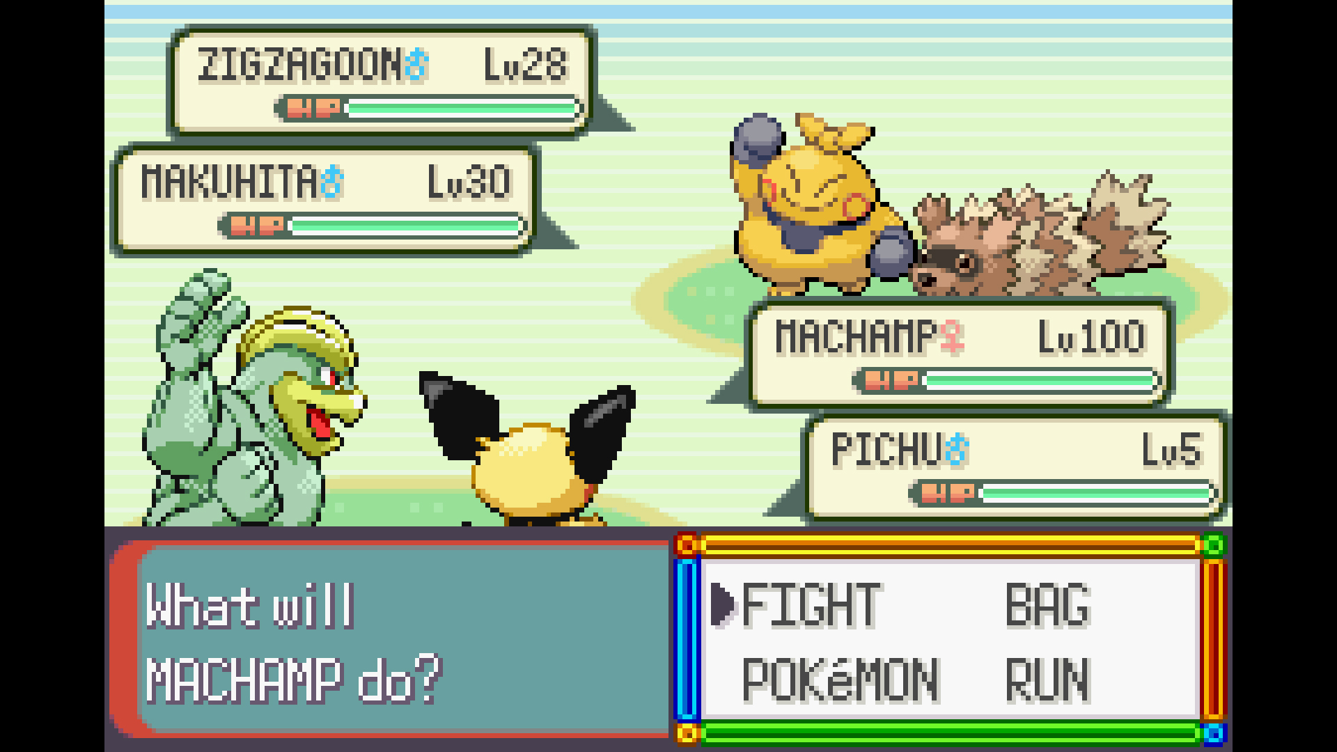 A double battle showing Machamp and Pichu fighting a Zigzagoon and Makuhita - from Pokemon Ruby, Sapphire, and Emerald's entry in The Story of Pokemon bookazine