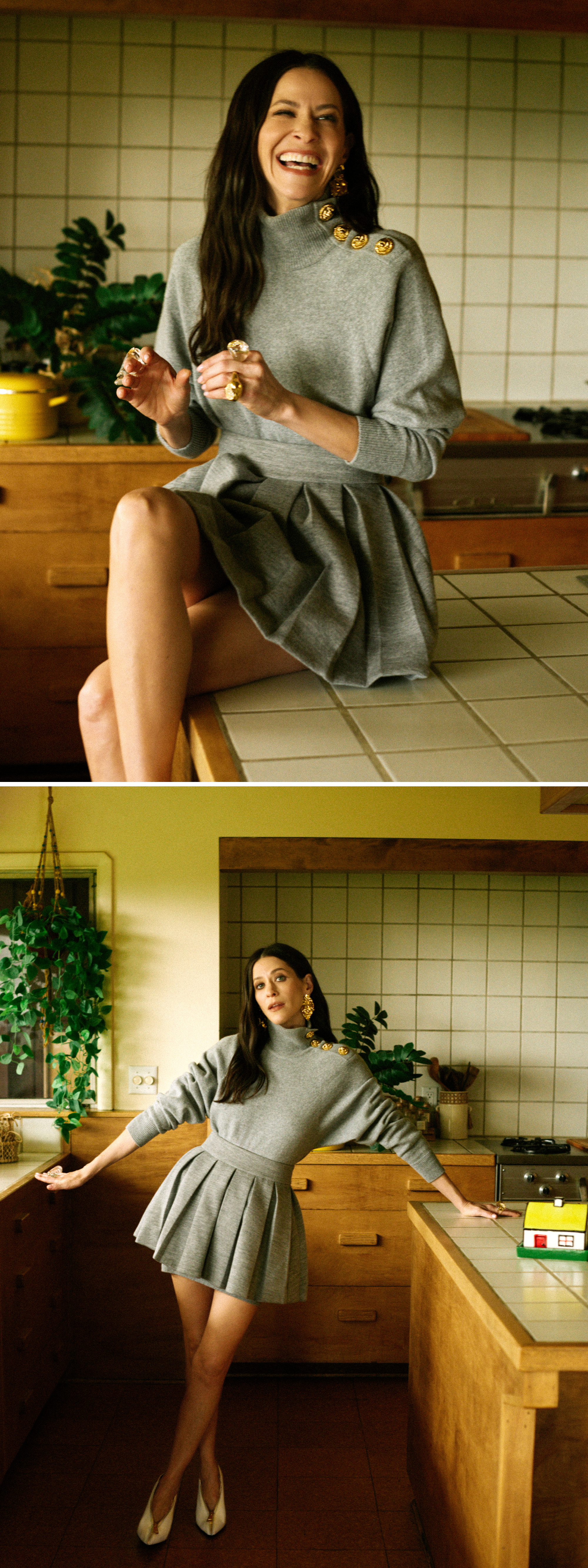 Jackie Tohn Portrait Session forBest Knockoff Luxury Clothing
. She is wearing a gray Balmain turtleneck sweater with gold button detailing on the left shoulder with matching skirt and trousers and white wedge heels and chunky Alexis Bittar jewelry.